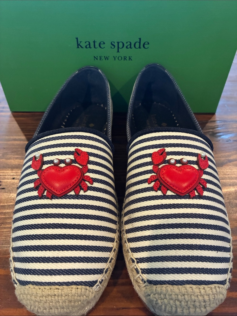 kate spade Navy and White Striped Espadrilles with Red Crab Appliqués
